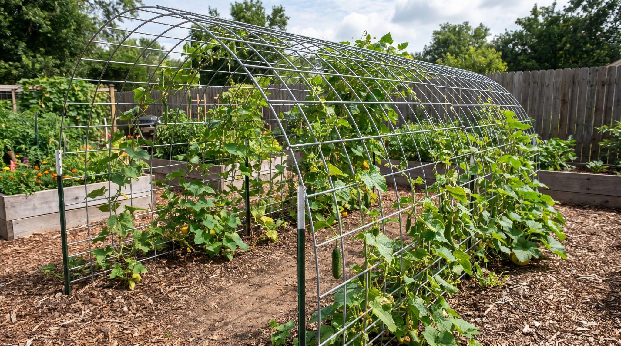Curved cattle panel arch supporting climbing plants in a garden