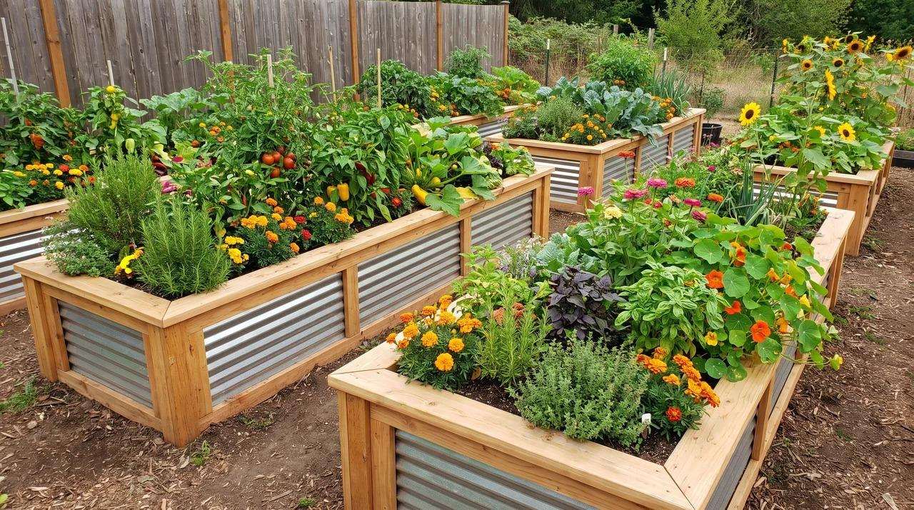 Cedar and galvanized steel raised garden beds filled with vegetables, herbs, and flowers