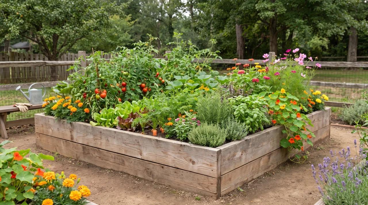 Cedar raised garden bed filled with vegetables, herbs, and colorful flowers