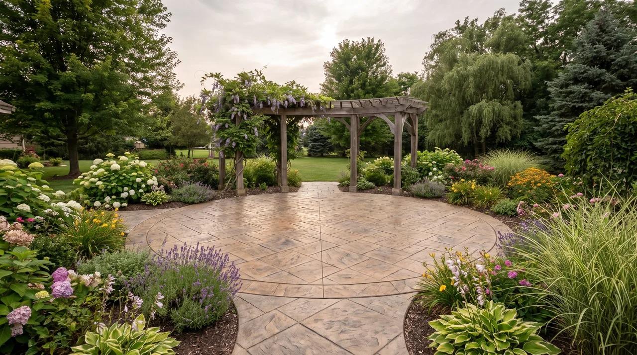 Circular stamped concrete patio with a pergola in the center and surrounding landscaping