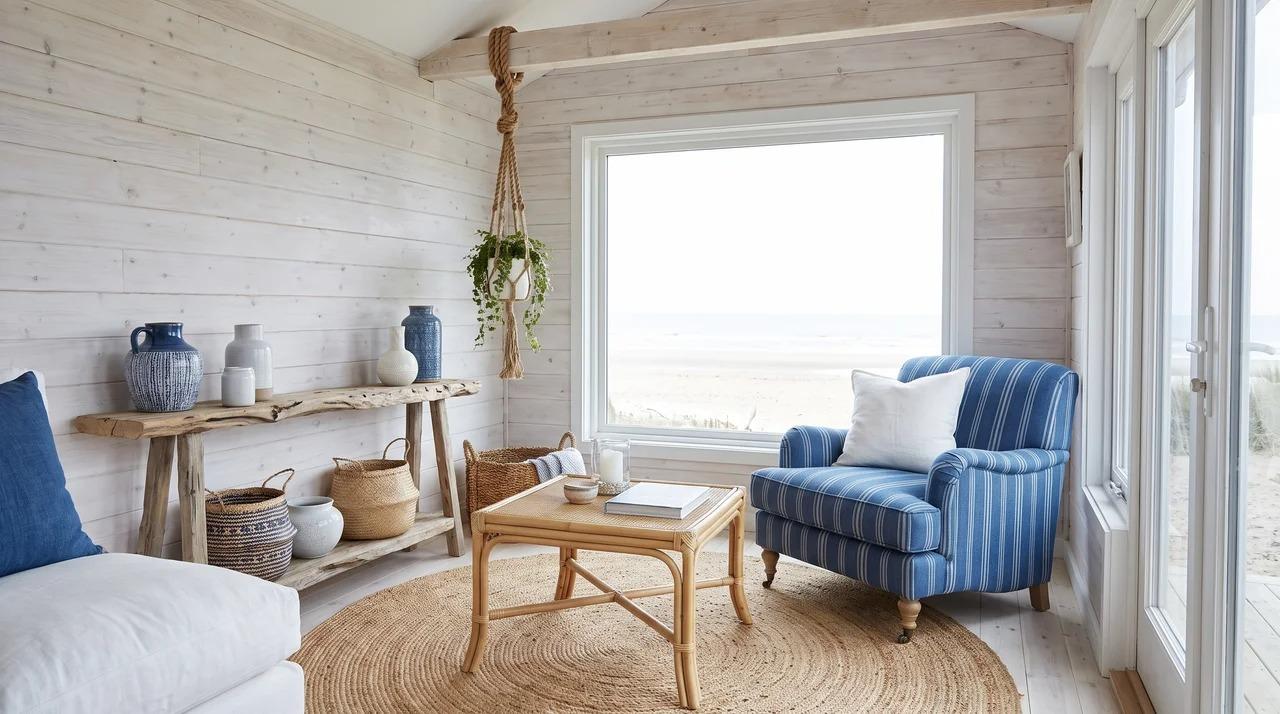 Coastal she shed with blue and white decor, rattan, jute, rope, and driftwood
