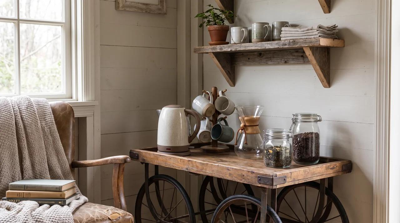 She shed coffee and tea corner with kettle, mugs, cart, and shelf