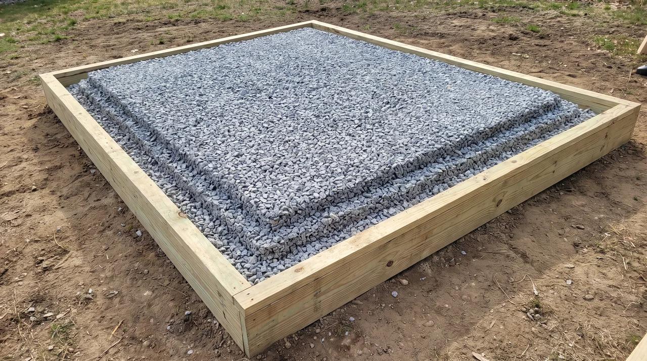 Angular crushed stone spread in compacted layers inside a shed frame