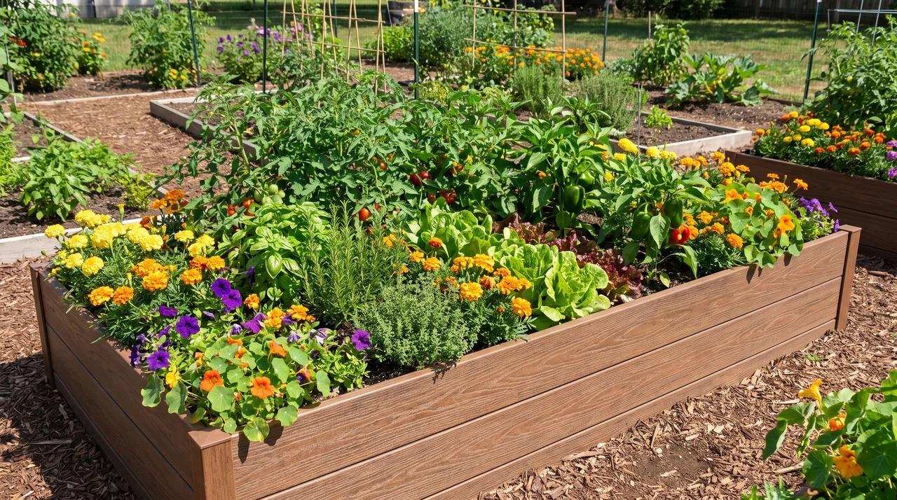 Composite raised garden bed with wood-look finish and growing plants