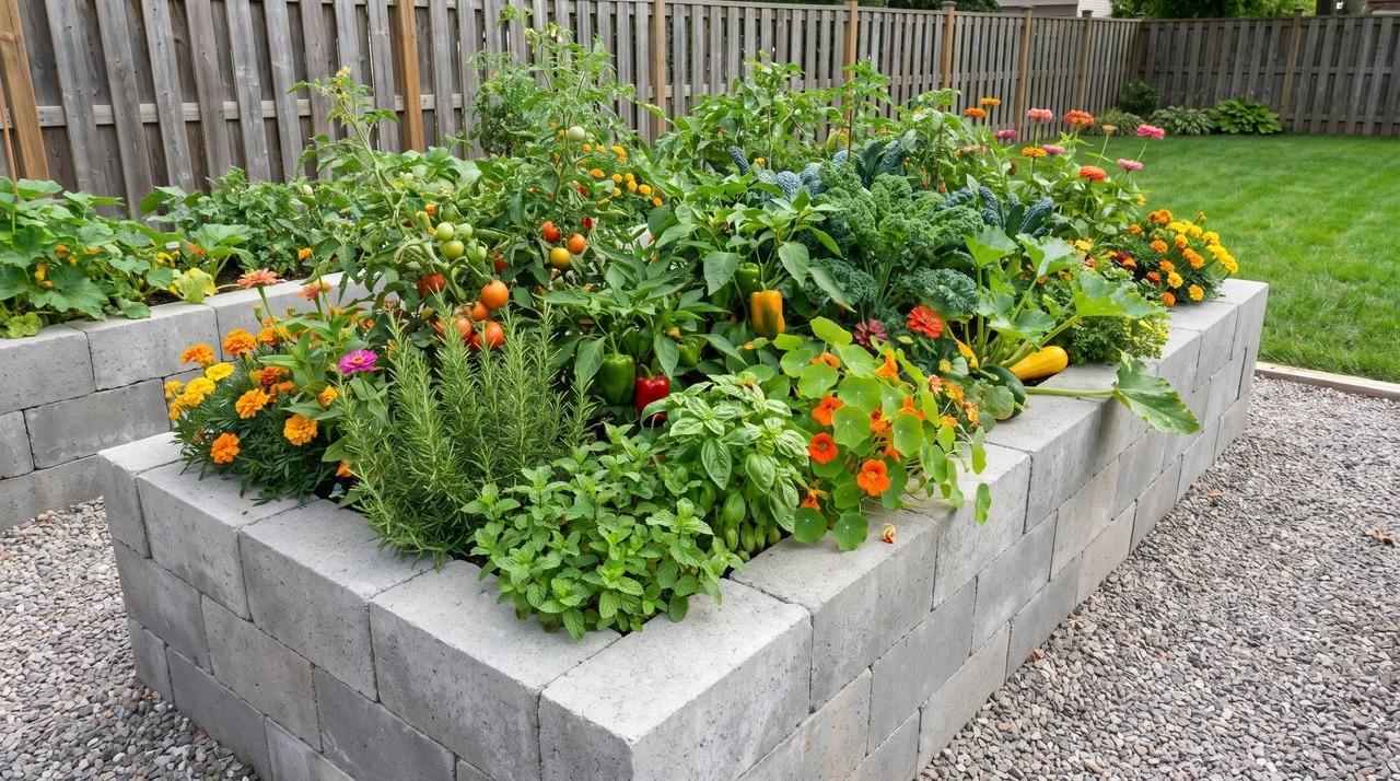 Concrete block raised garden bed filled with vegetables, herbs, and colorful flowers