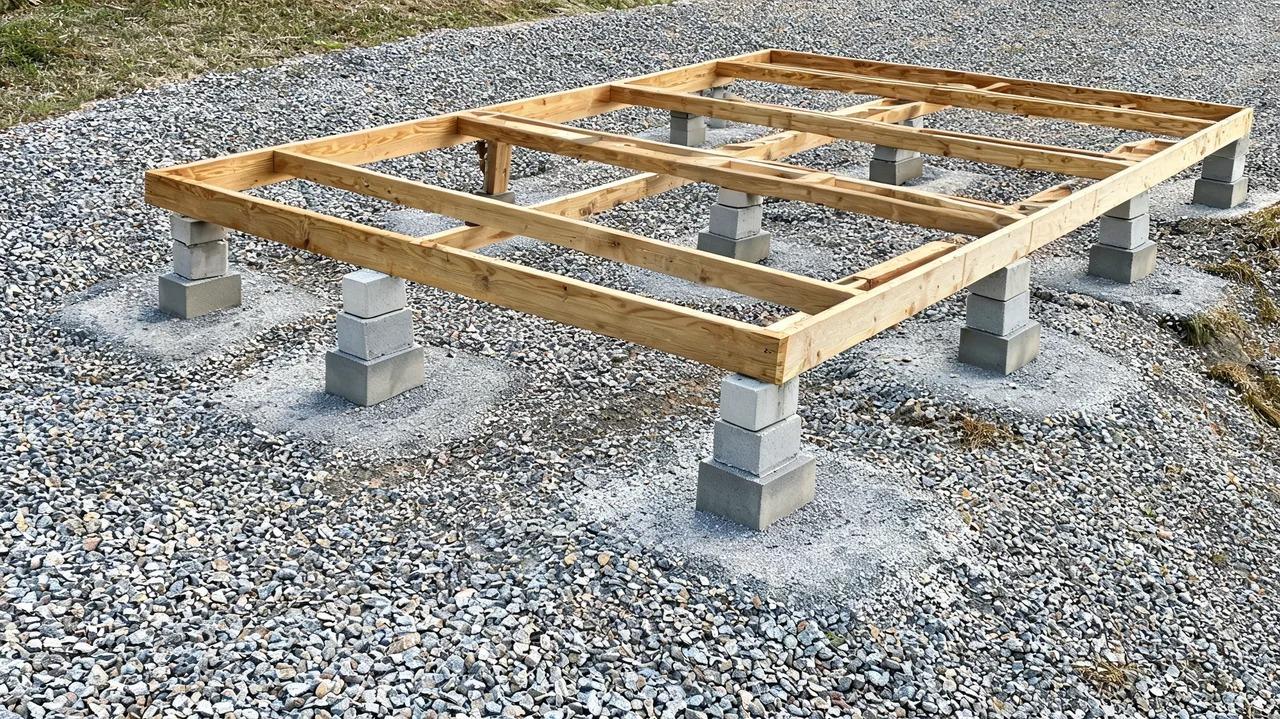 Concrete blocks resting on compacted gravel beneath a shed frame
