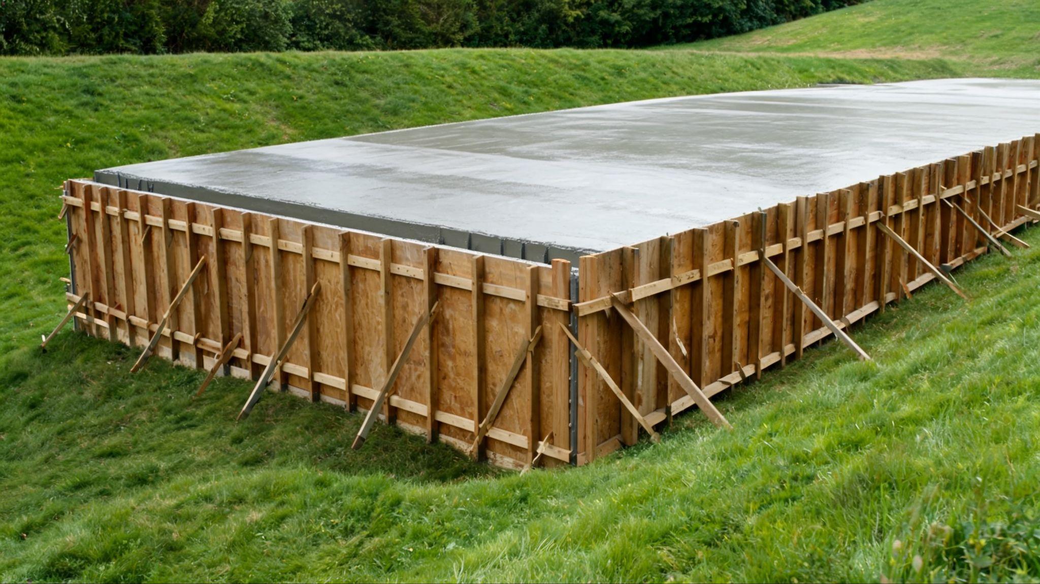 Concrete slab with wooden shuttering on a sloped yard