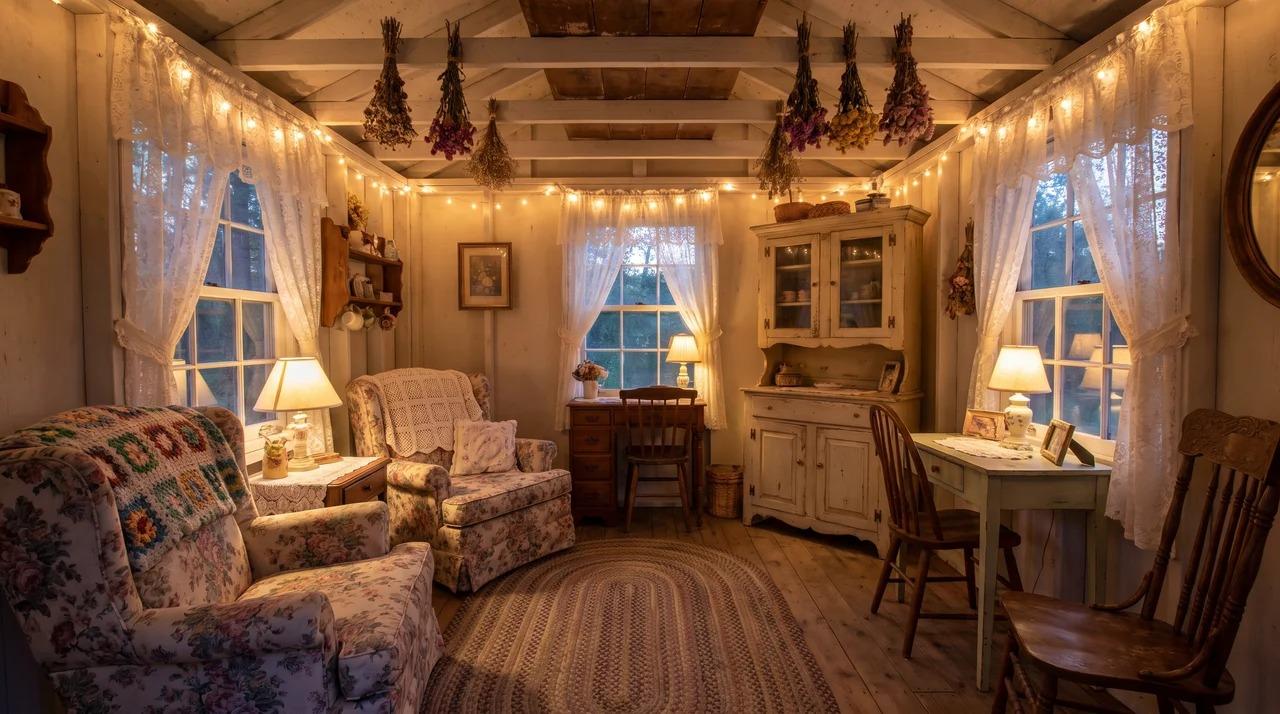 Cottagecore she shed with floral patterns, lace, vintage and wood furniture