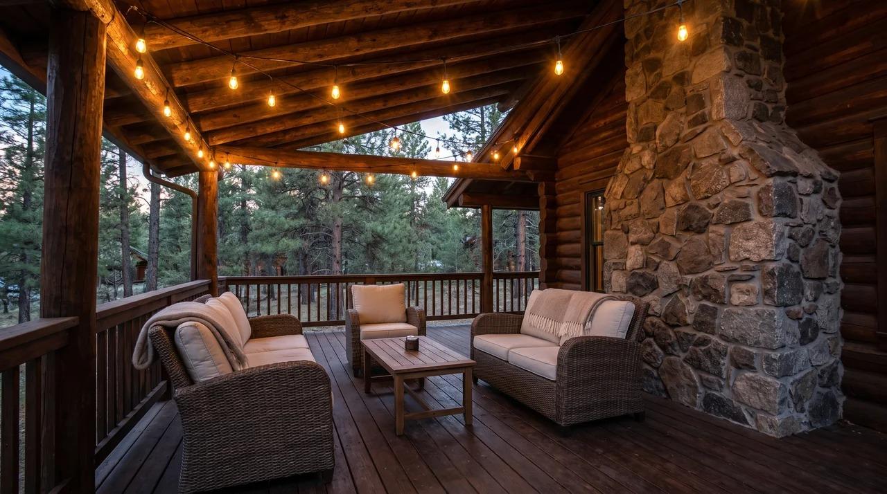 Covered wooden cabin deck with outdoor seating, lighting, and stone chimney