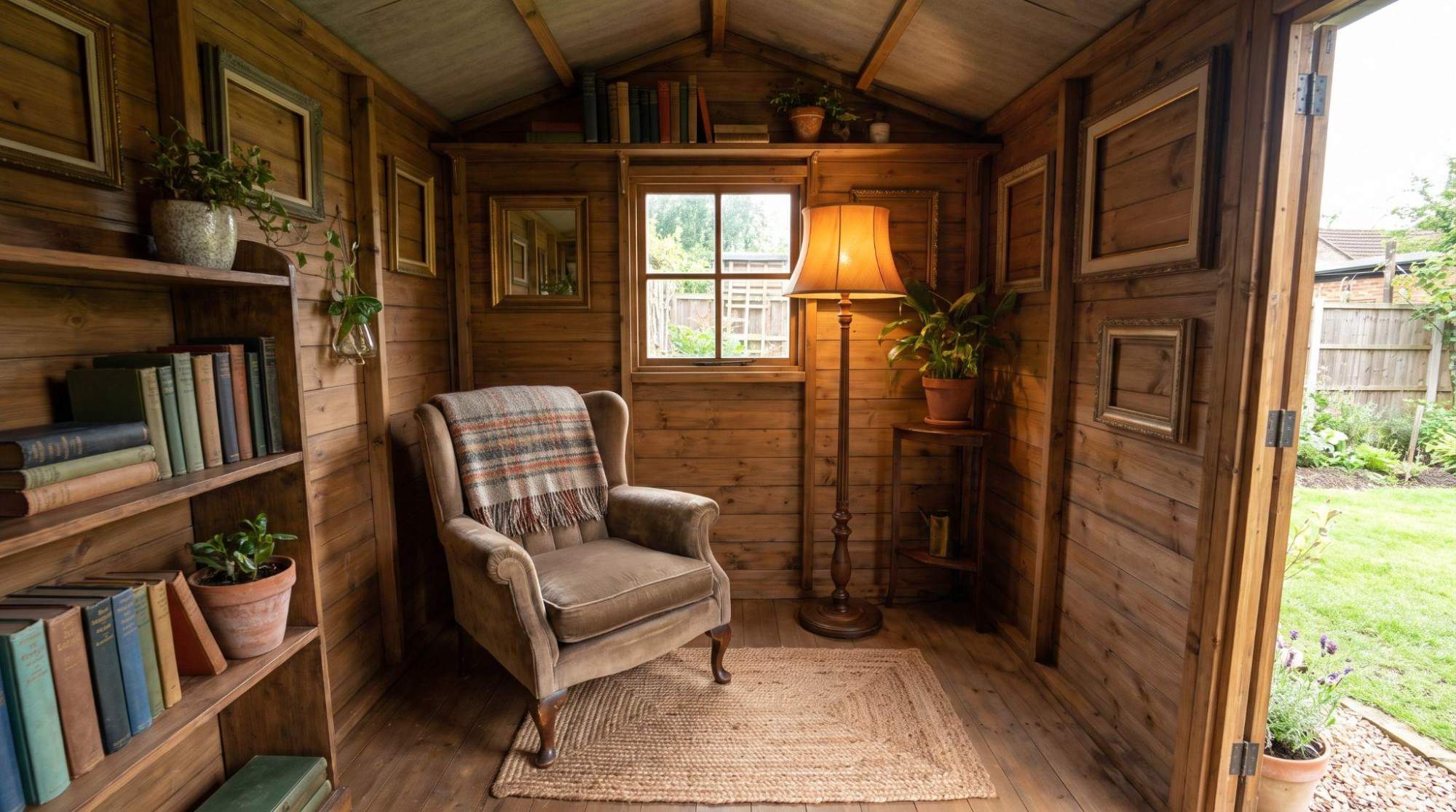 Small she shed with vintage armchair, rug, throw blanket, and lamp