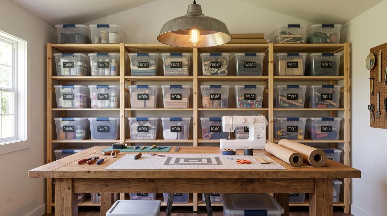 She shed craft studio with work table, shelving, labeled bins, and pendant light