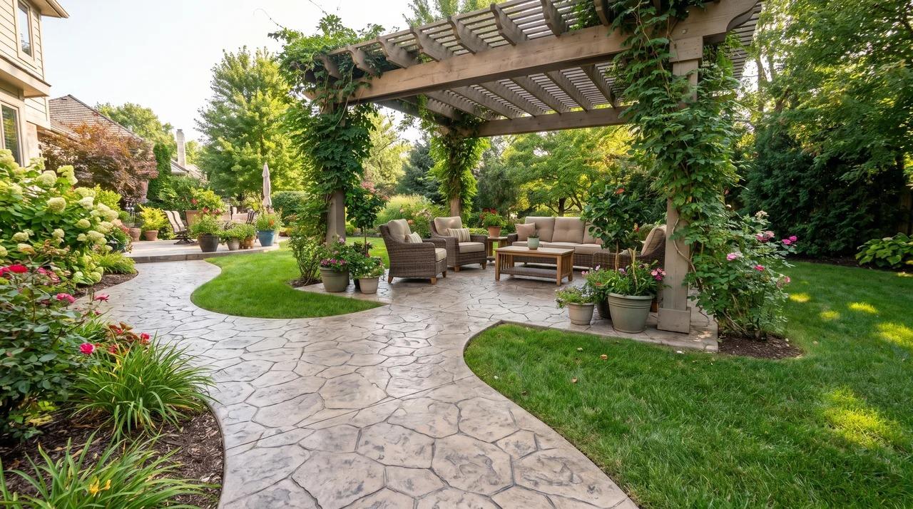 Curved stamped concrete walkway leading to a wooden pergola and matching patio