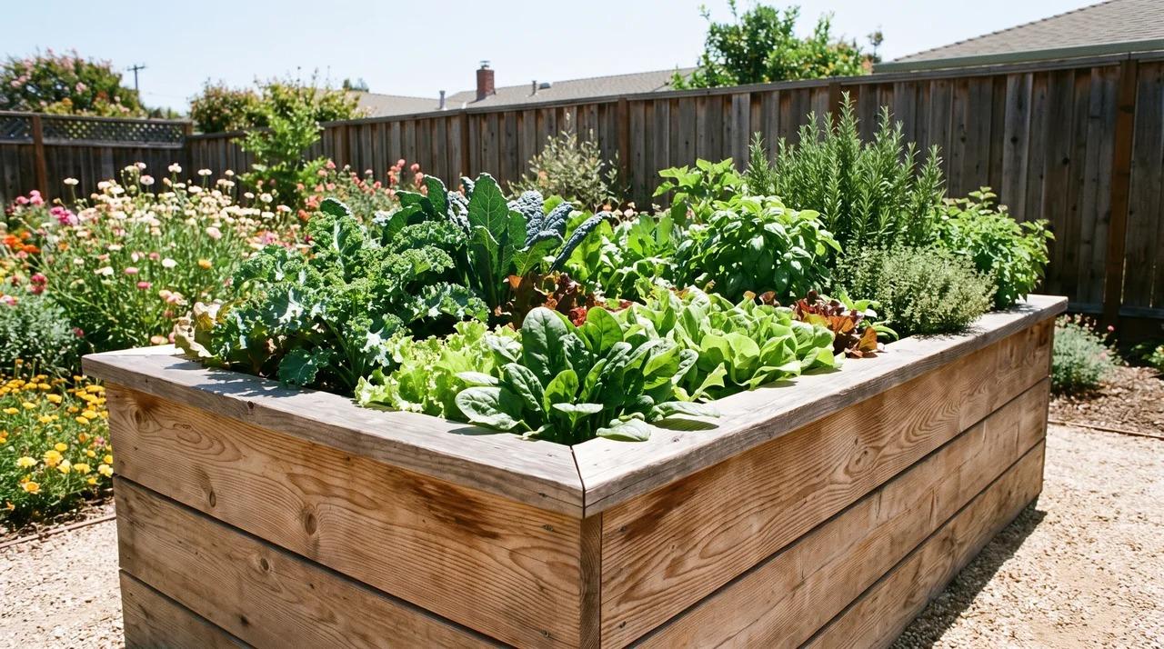 Cypress raised garden bed with leafy vegetables, herbs, and visible wood grain
