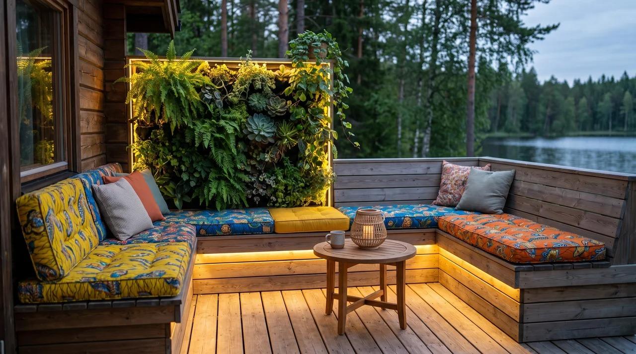 Wooden deck with built-in bench seating, cushions, plant wall, and lighting