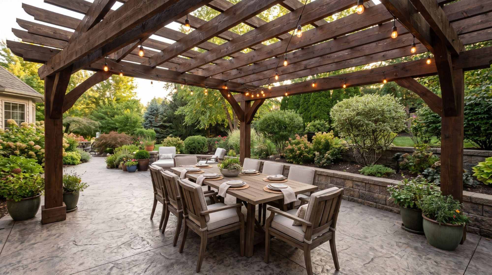 Stamped concrete patio with wooden pergola, dining table, chairs, and hanging lights