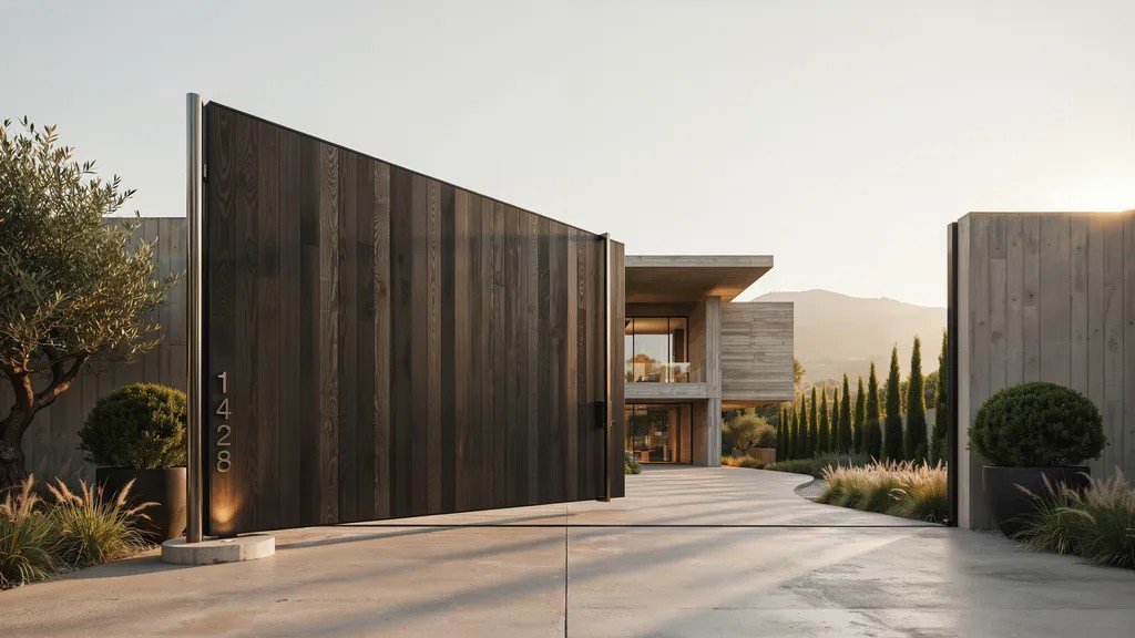 Modern pivot courtyard gate with a large contemporary wood panel.