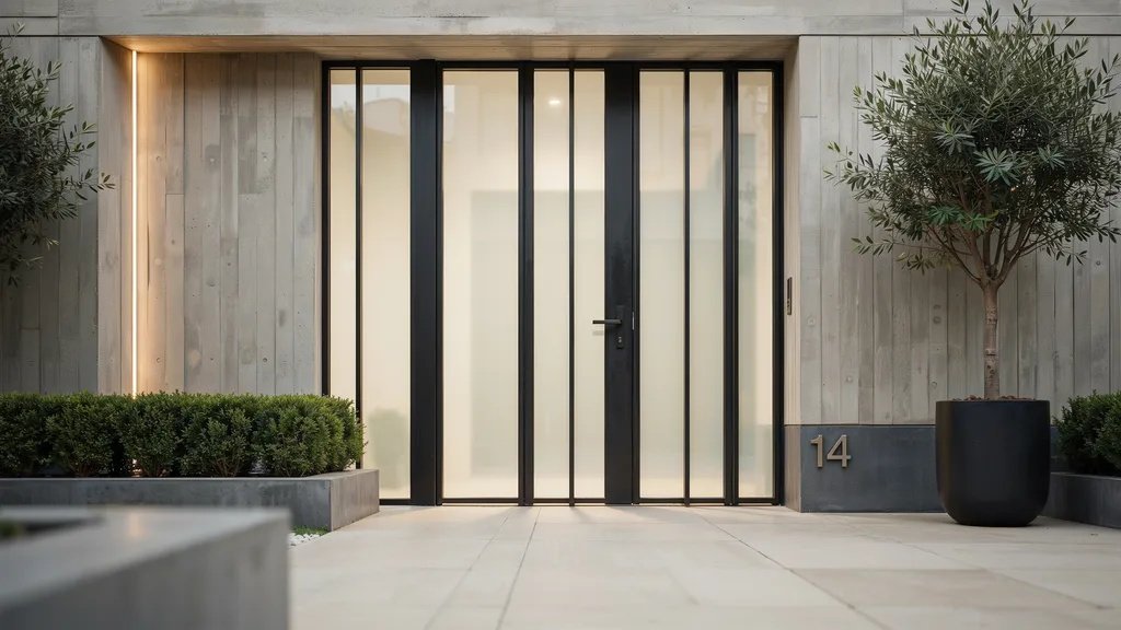 Frosted glass and steel courtyard gate creating a bright and private entrance.