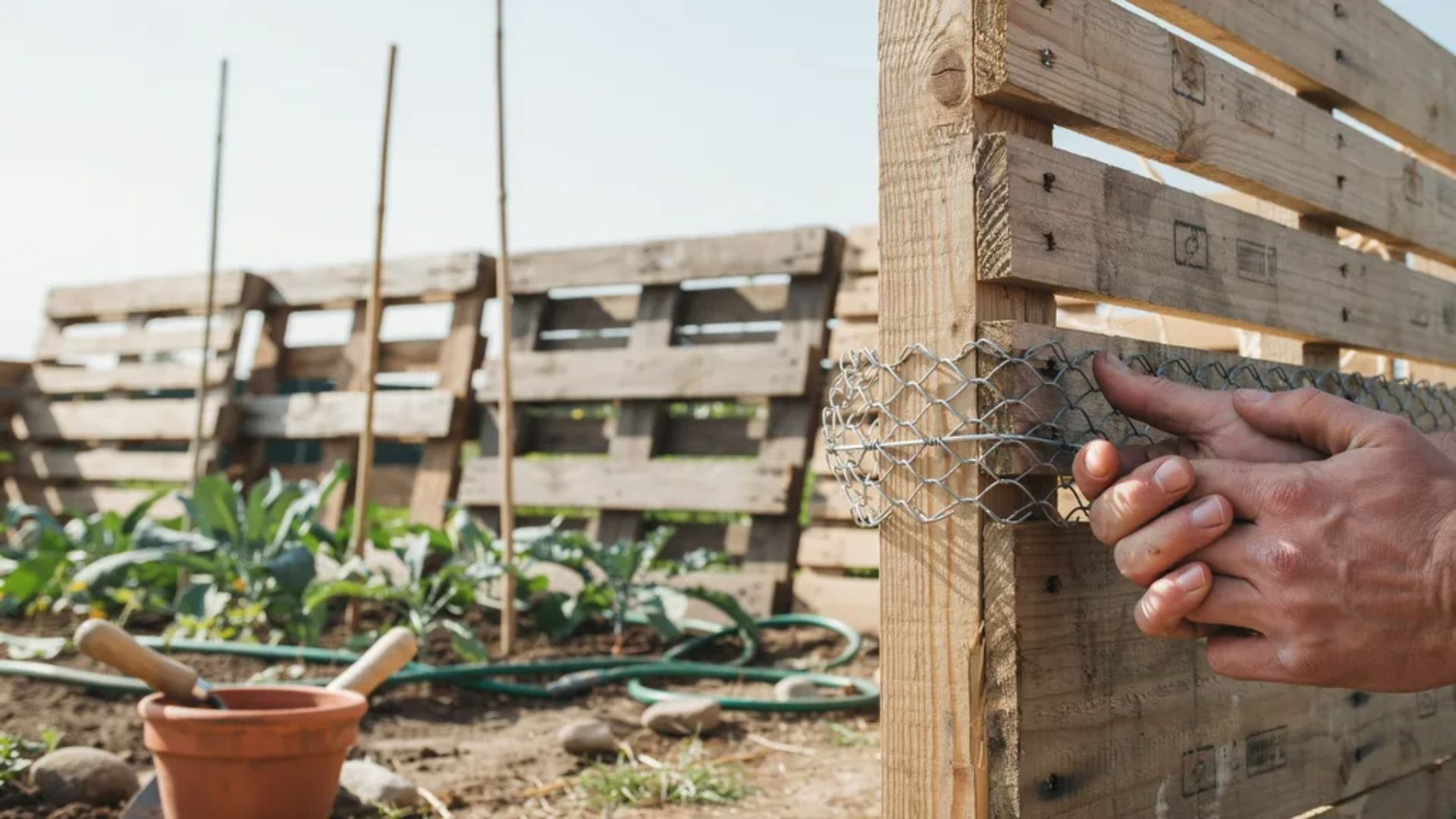 using cattle panel as a flexible hinge for a no dig pallet gate.