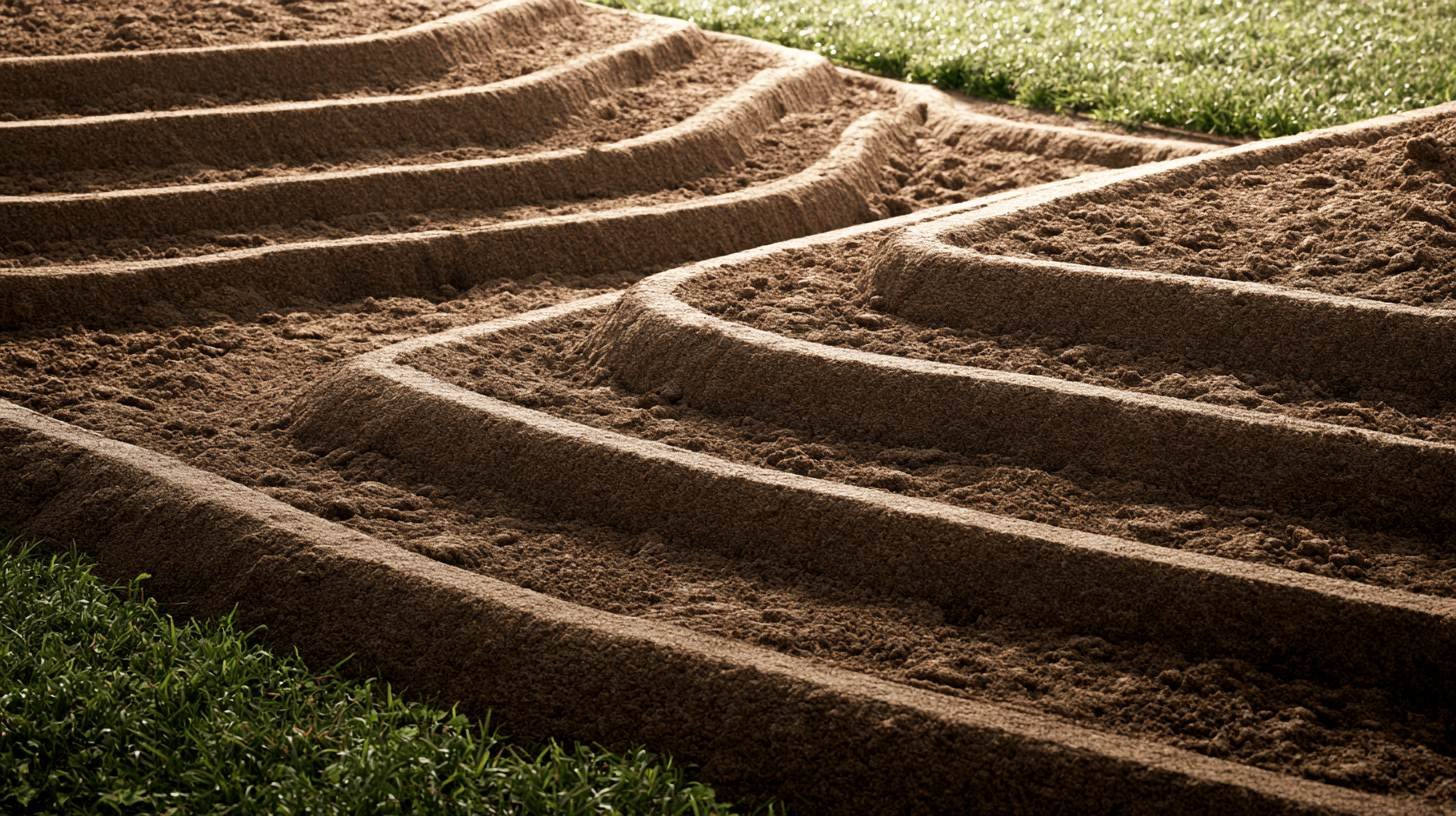 Level garden beds prepared on terraced landscape.