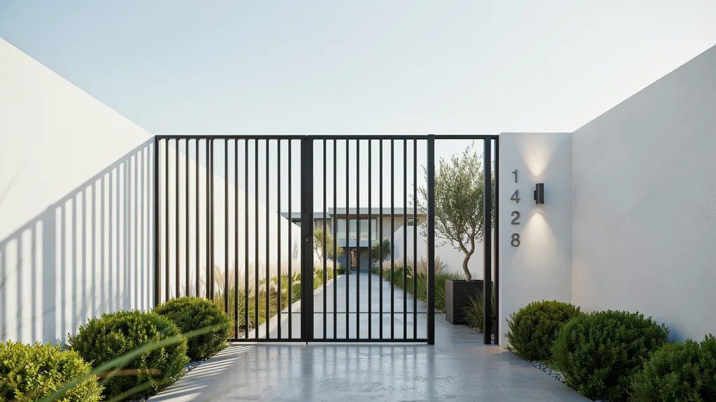 Minimalist black steel courtyard gate with clean lines at a modern home entrance.