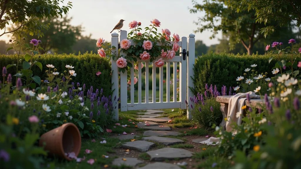 White wooden garden gate surrounded by colorful flowers and hedges.