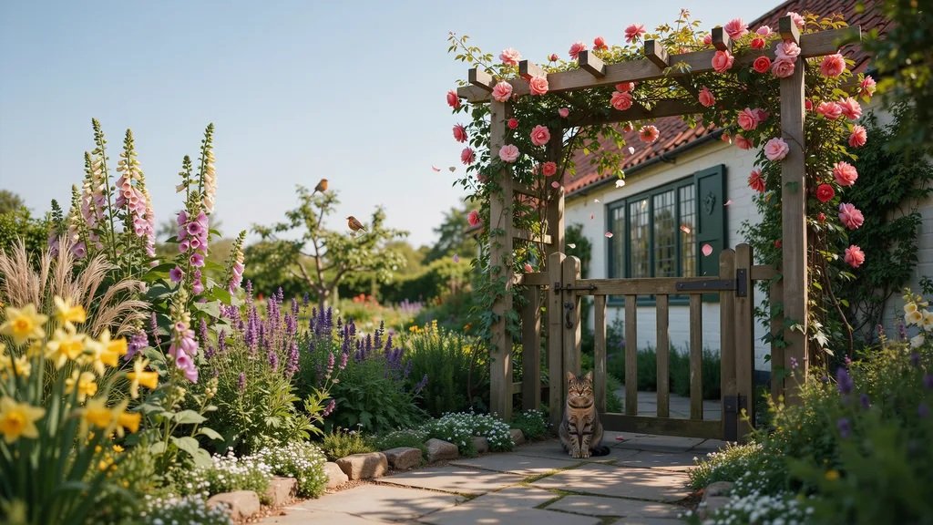 Courtyard gate surrounded by climbing vines and flowering plants.