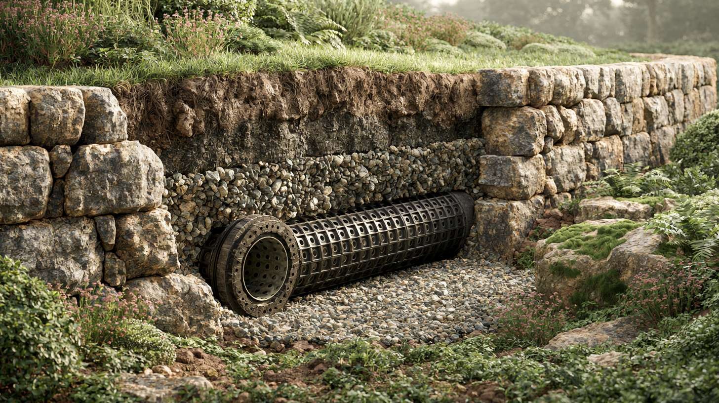 Drainage system installed behind a terraced garden retaining wall.