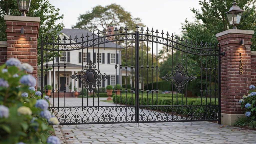 Decorative wrought iron courtyard gate with classic scrollwork design.