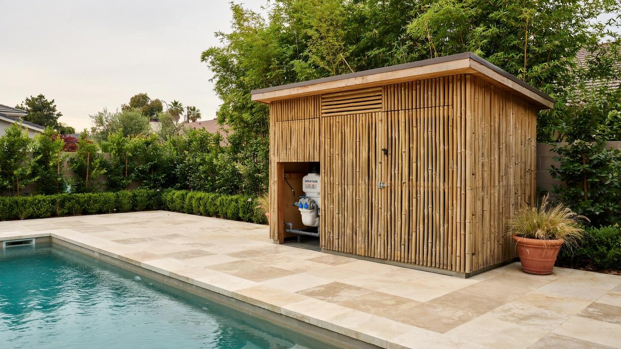 A wooden pool equipment shed with vertical wood paneling and louvered vents next to a backyard swimming pool.