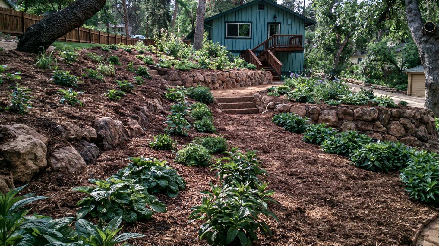 Healthy terraced garden maintained with mulch and clean retaining walls.