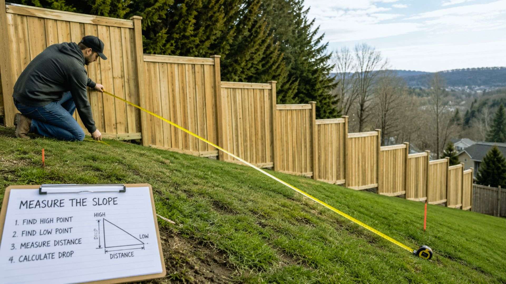 Man measuring slope drop and distance for step down fence installation on hill