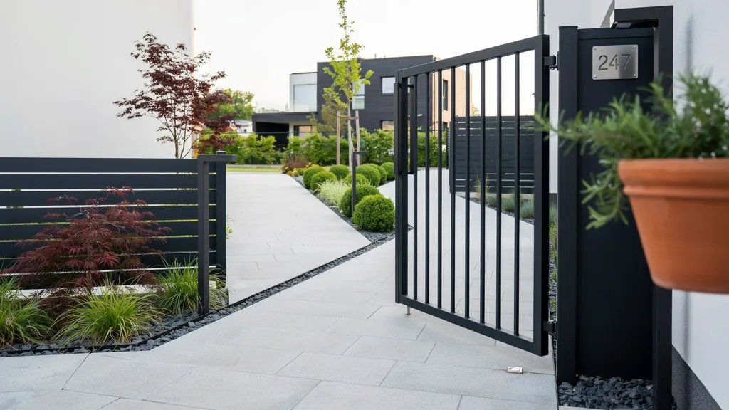 Narrow side entrance courtyard gate with a sleek modern design.