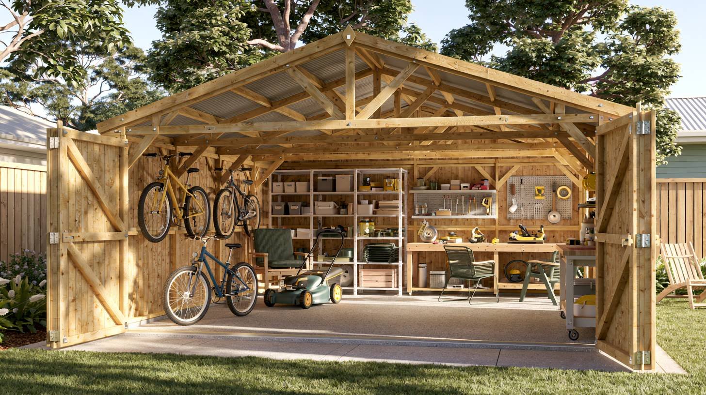 Medium shed with storage for bikes, tools, and outdoor equipment.