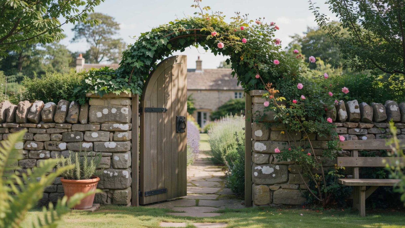Arched wooden courtyard gate framed by stone walls and greenery.