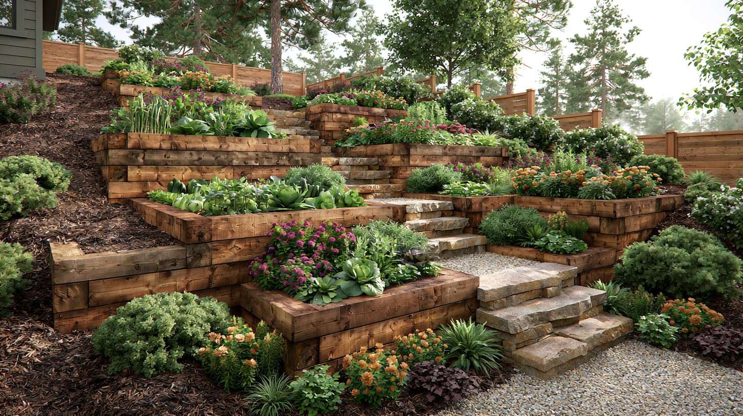 Beautiful multi-level terraced garden built on a sloped backyard with timber walls and stone pathways.