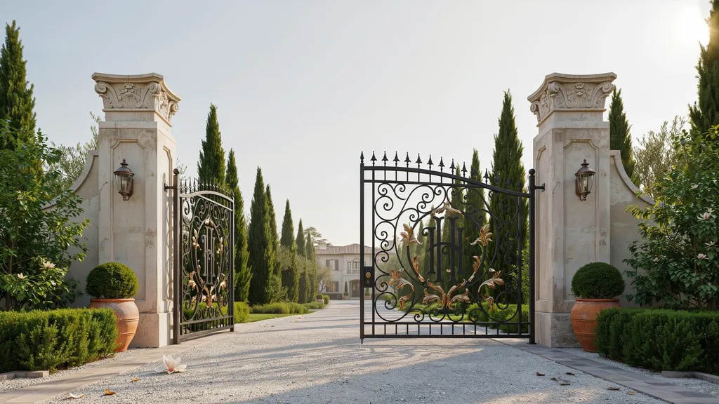 Custom iron courtyard gate featuring a decorative family monogram.