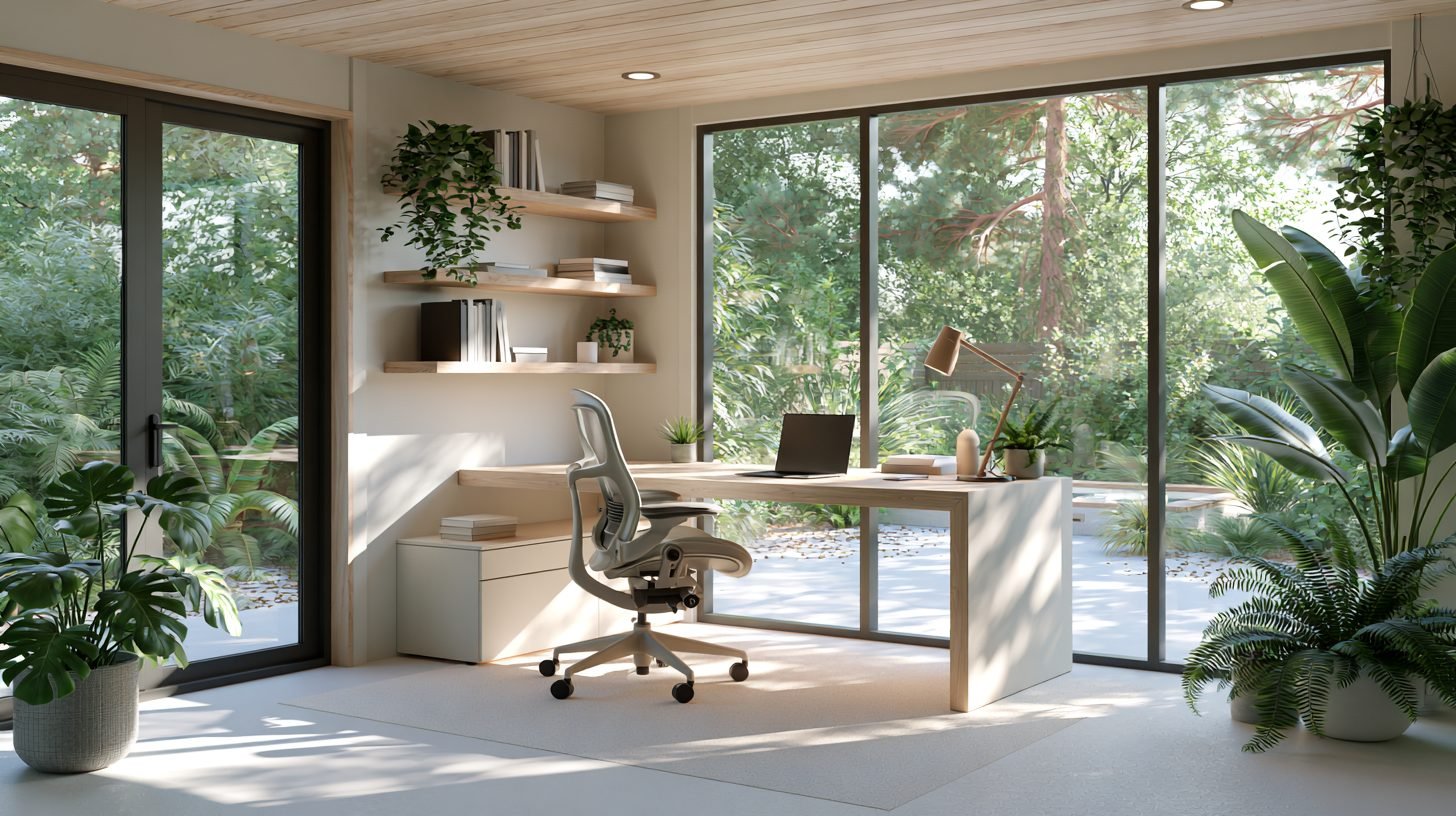 Backyard office shed with modern workspace and natural lighting.