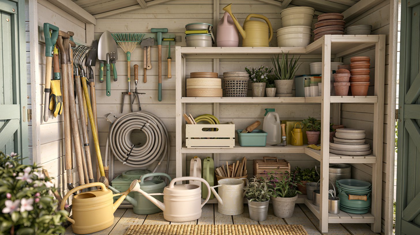 Garden shed organized with tools and gardening equipment.