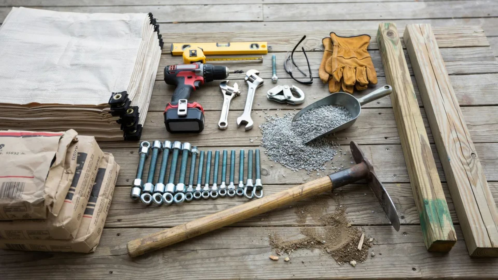 DIY shade sail installation materials arranged neatly on a workbench before installation.