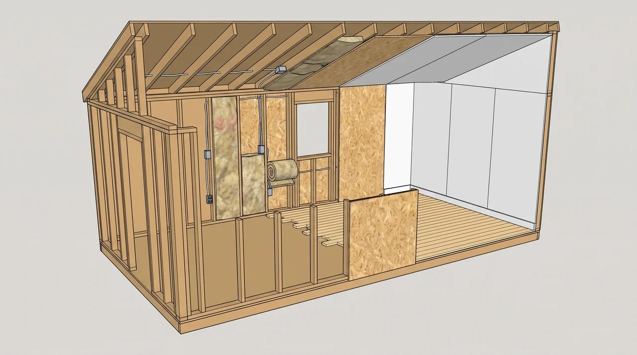 Shed interior showing wiring, insulation, wall panels, ceiling, and flooringFile name-shed-interior-finishing-order