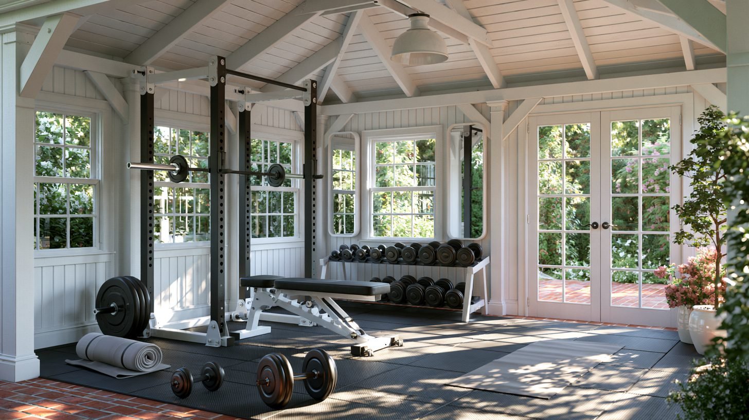Home gym inside a backyard shed with workout equipment.