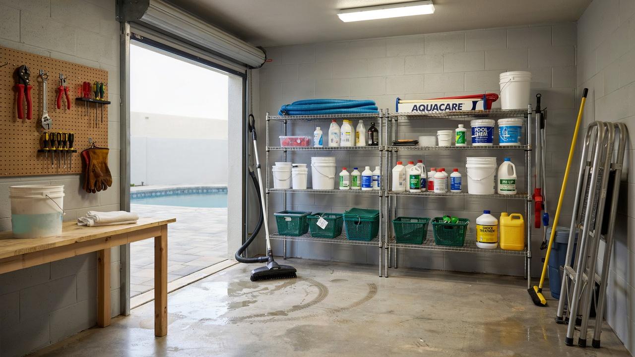 Interior view of a garage storage room with metal wire shelving unit organizing pool chemicals and equipment.