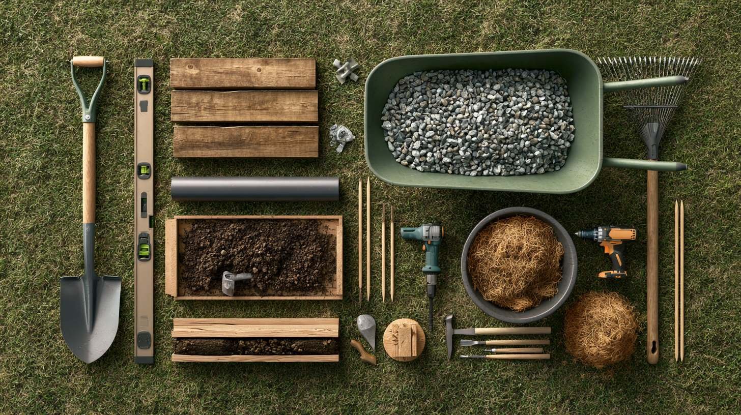 Important tools and materials for building a terraced garden.