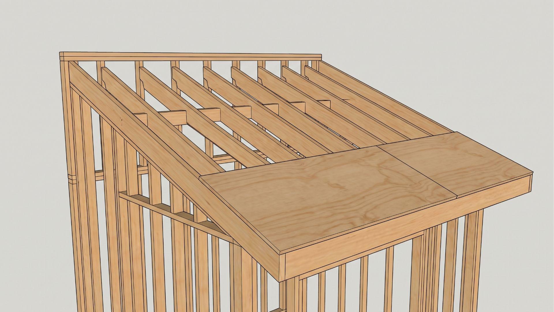 Shed roof framing with rafters, birdsmouth cuts, fascia, plywood decking, and sloped roof structure