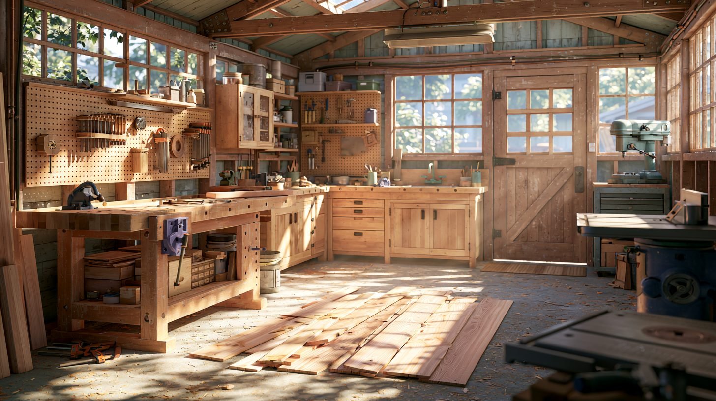 Woodworking shed with bench, tools, and organized workspace.