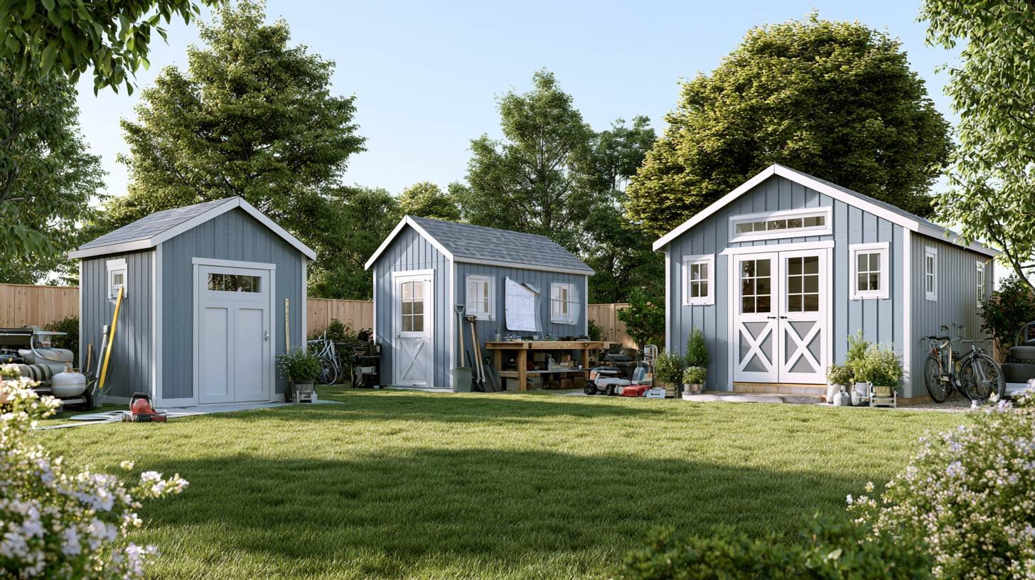 Different shed sizes displayed in a backyard for comparing storage and workspace options.