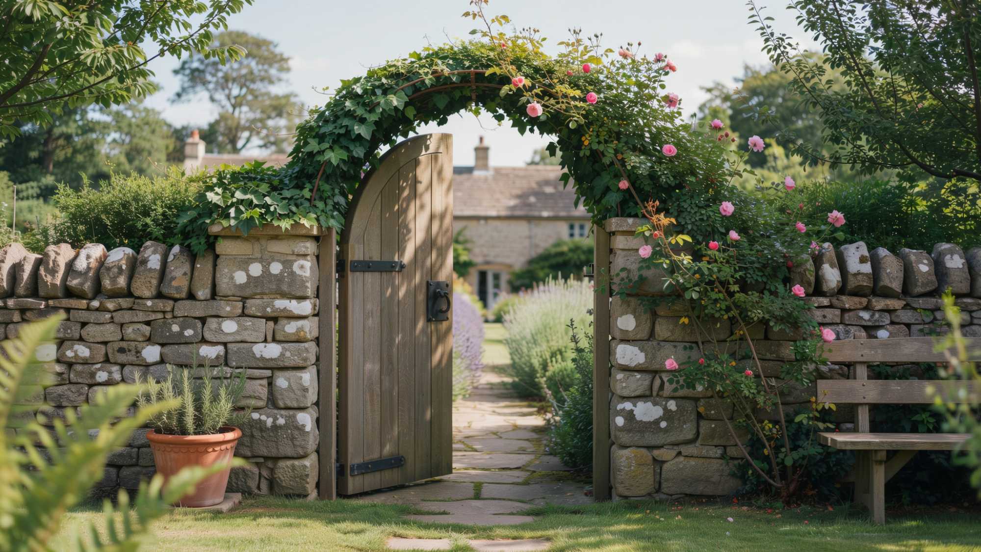 Arched wooden courtyard gate framed by stone walls and greenery.