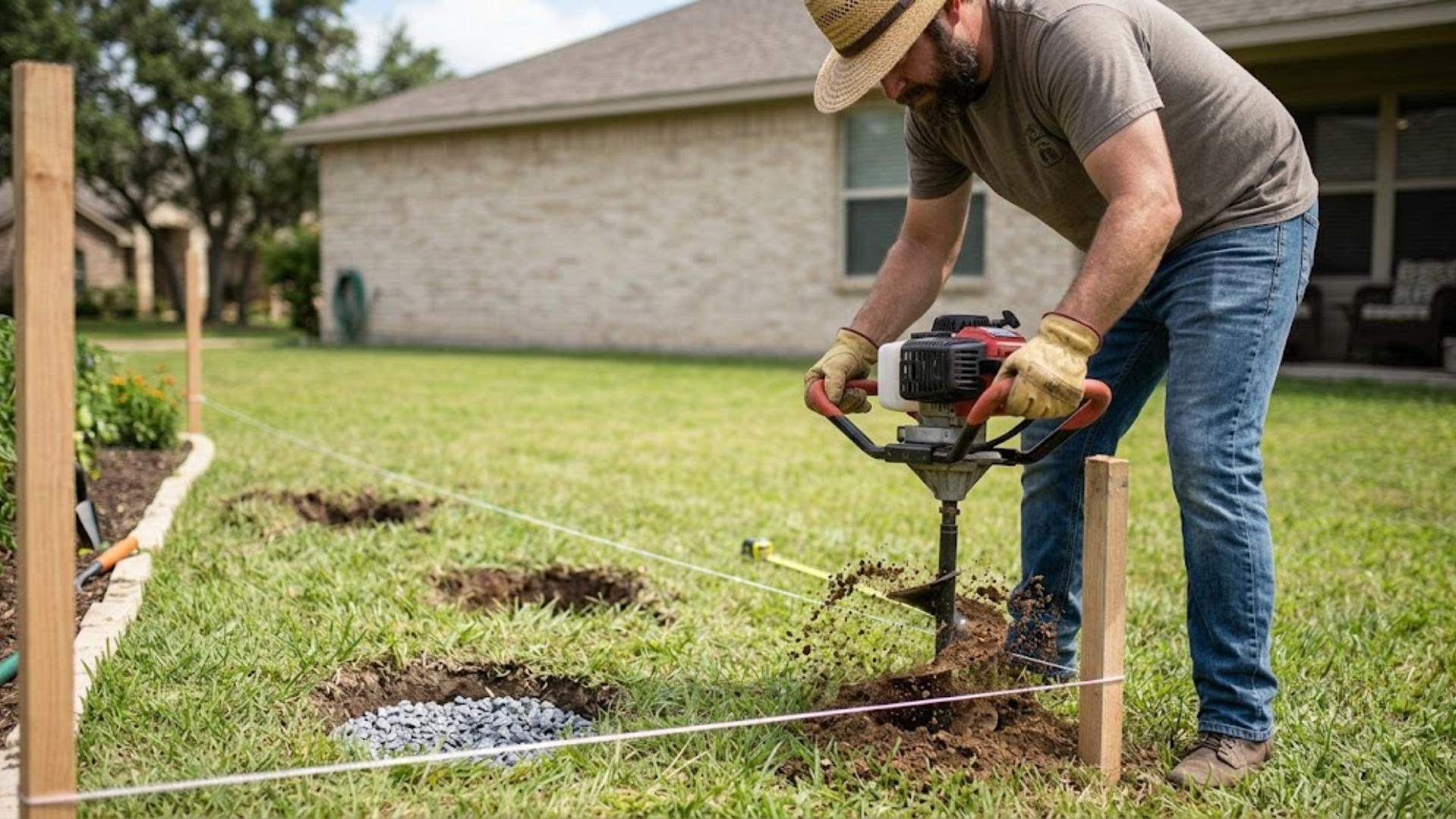 A person uses a power auger to dig post holes in a grassy yard along a taut layout string.
