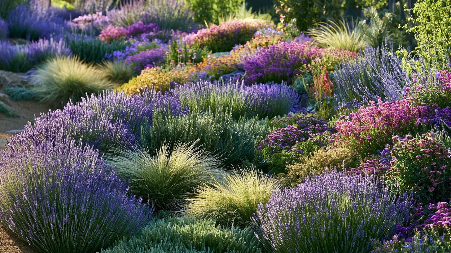 Sun-loving plants growing on upper garden terraces.