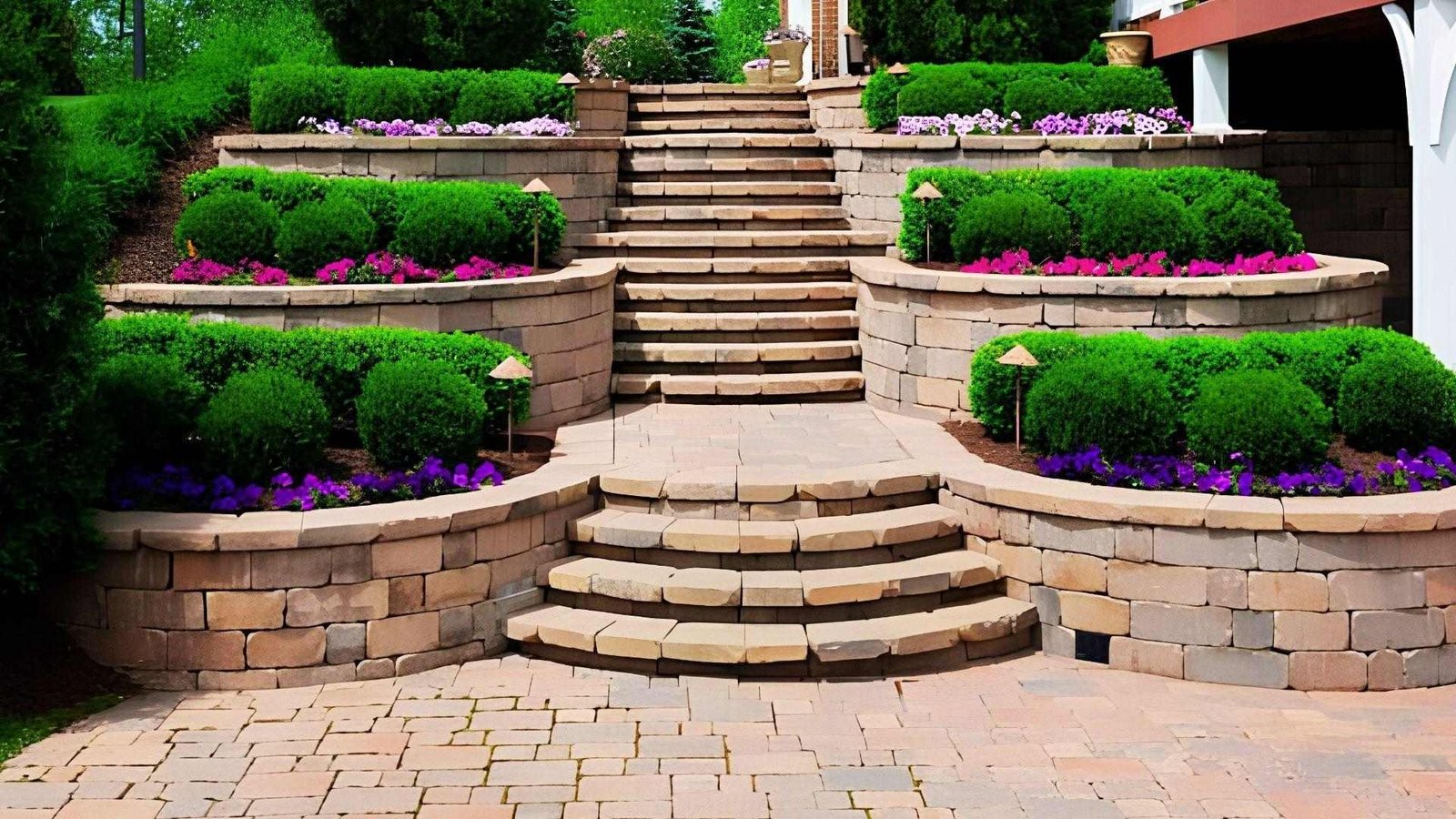 A stone retaining wall features flower beds and steps, enhancing the landscape's structure and beauty.